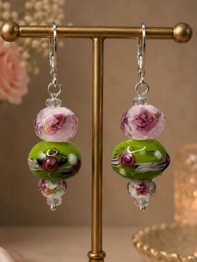 Wedding Cake Art Glass Roses Beaded Dangle Pierced Earrings